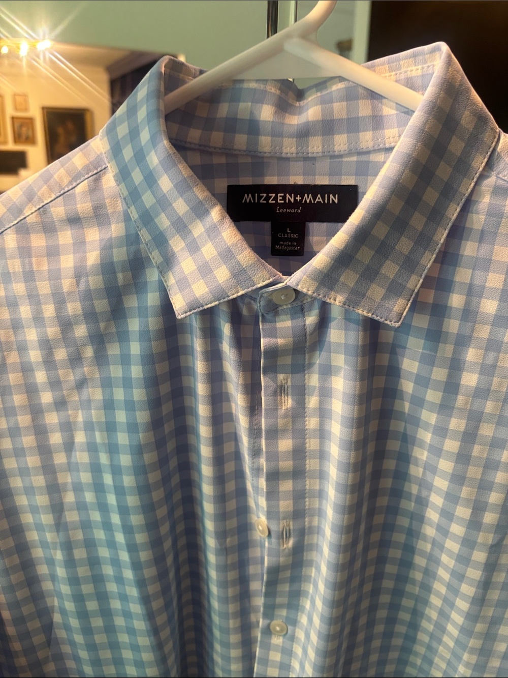 Mizzen+Main Light Blue and White Gingham Button-Down Shirt stretch comfort